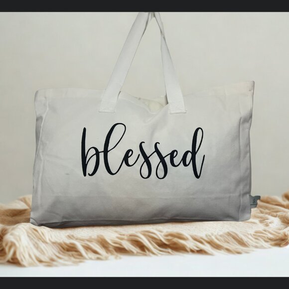 White Canvas Tote Bag with 'Blessed' Print - Picture 2 of 2
